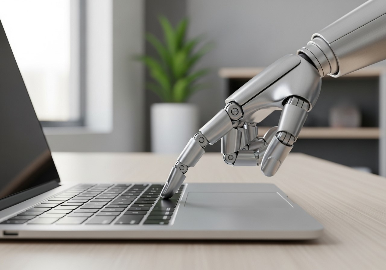 Mão robótica, clicando nos botões de um notebook em um escritório.