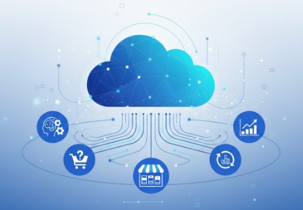 Nuvem de armazenamento com icons de memoria, e-commerce, dados, rendimento e lucro.