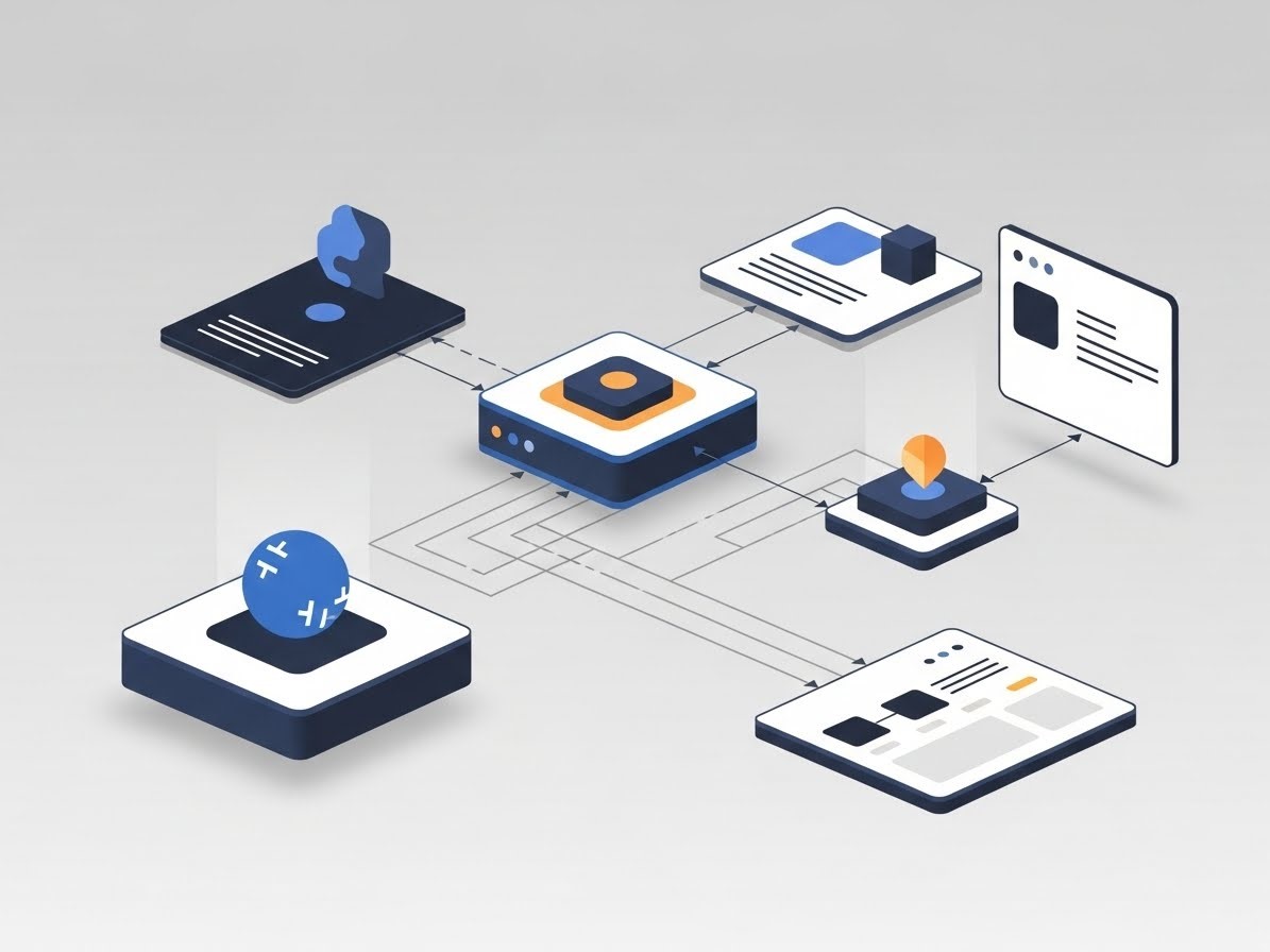 Design moderno ilustrando o ecossistema de composable commerce através de componentes modulares conectados em uma rede digital.