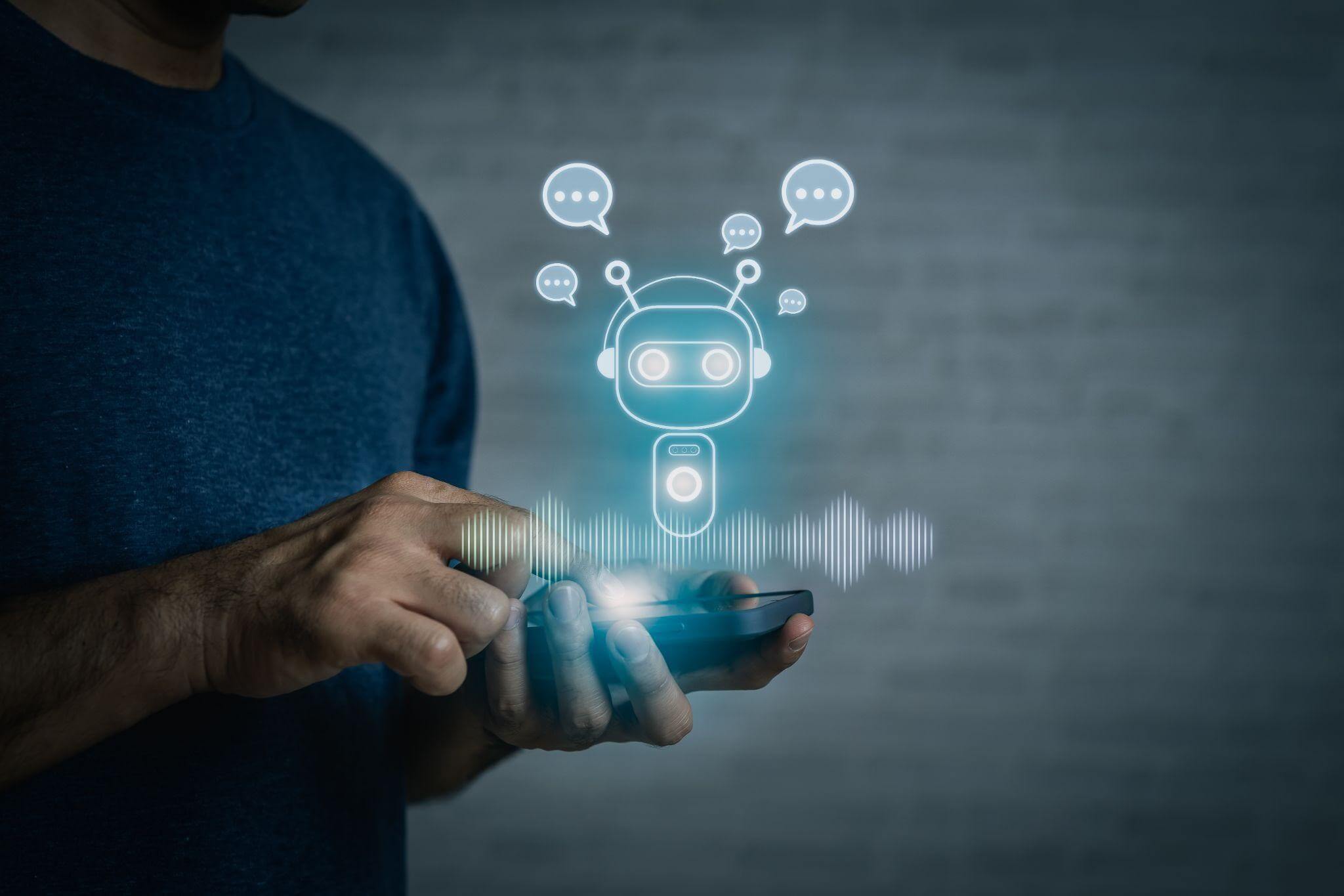 Homem utilizando smartphone que projeta uma interface holográfica de um robô de atendimento e ondas sonoras, representando a evolução tecnológica e o uso de IA nos pagamentos digitais.
