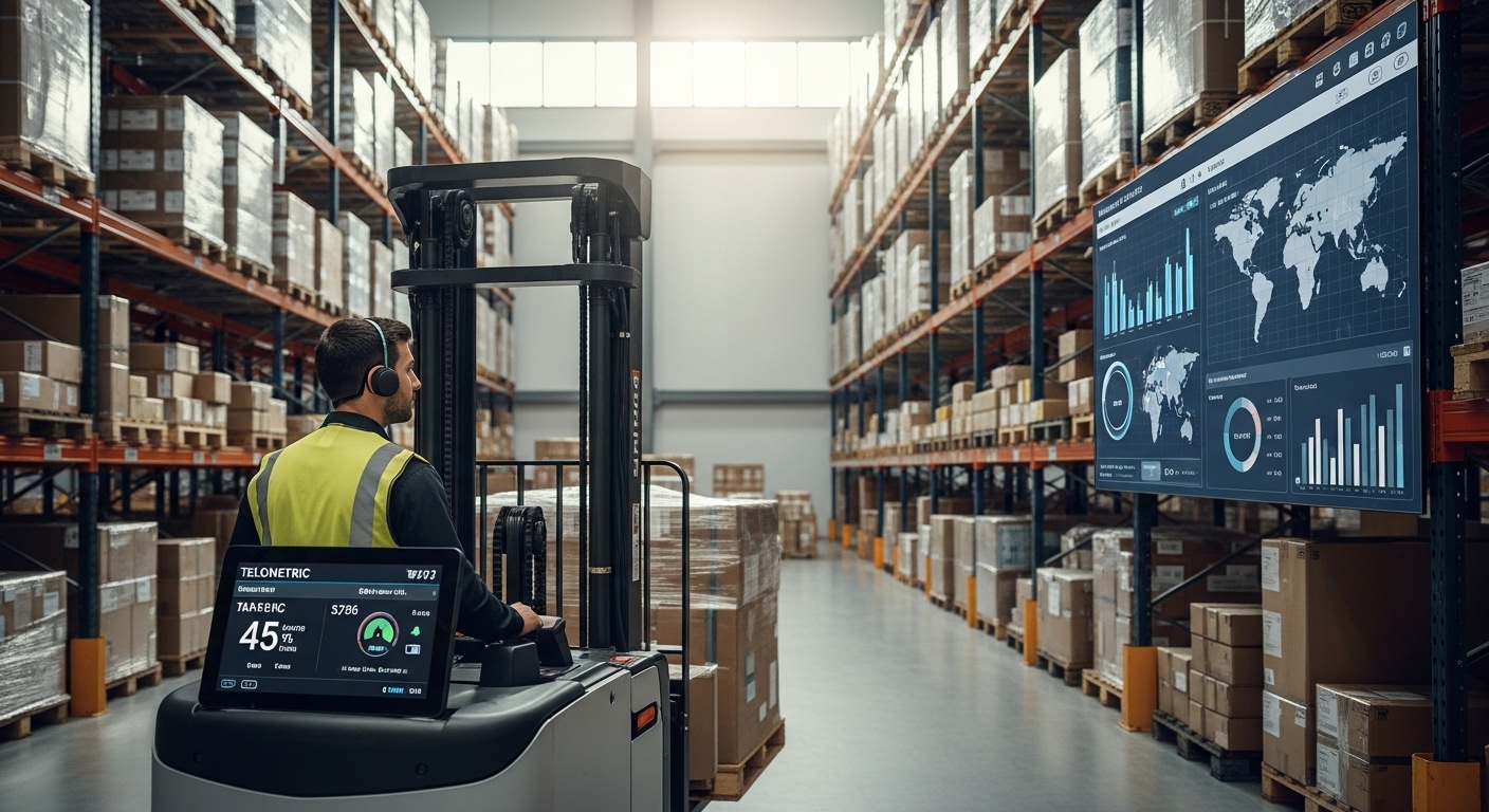 Empilhadeira elétrica com telemetria e picking por voz em armazém moderno