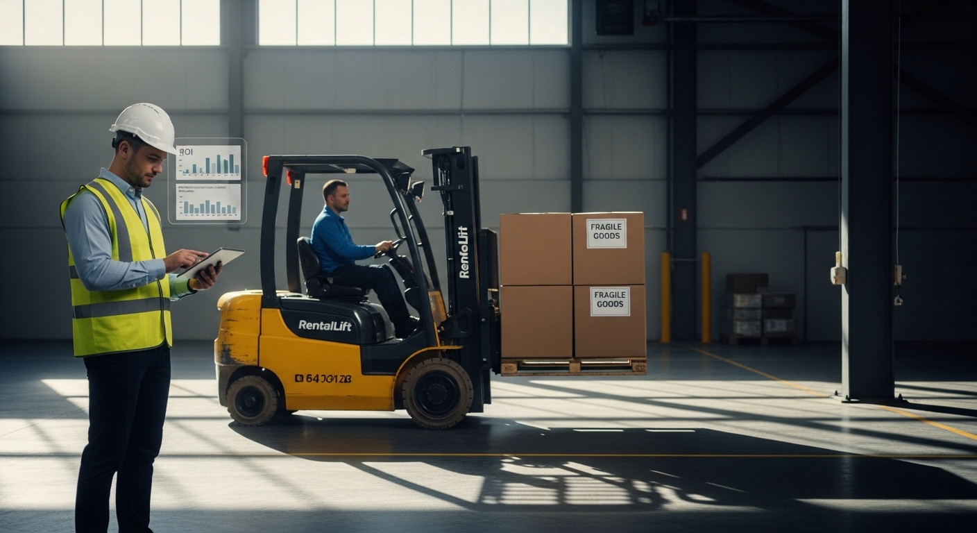 Empilhadeira de locação em armazém com gestor analisando dados em tablet