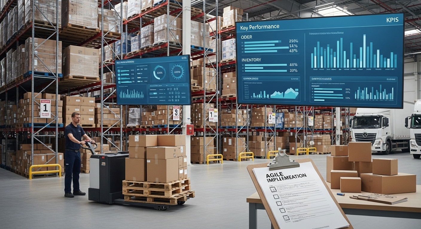 Trabalhador operando paleteira elétrica em armazém com KPIs digitais