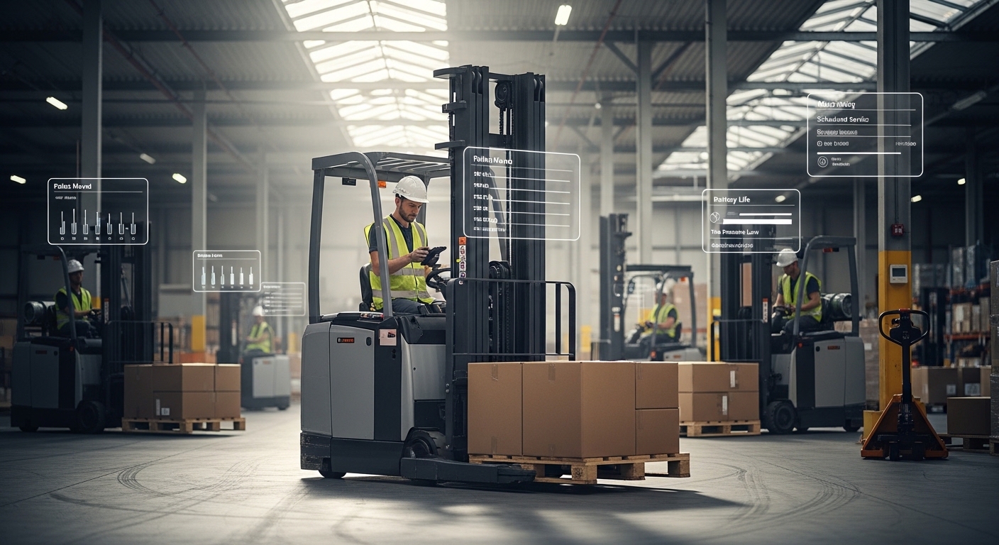 Empilhadeira elétrica em galpão corporativo com operador usando dispositivo telemétrico