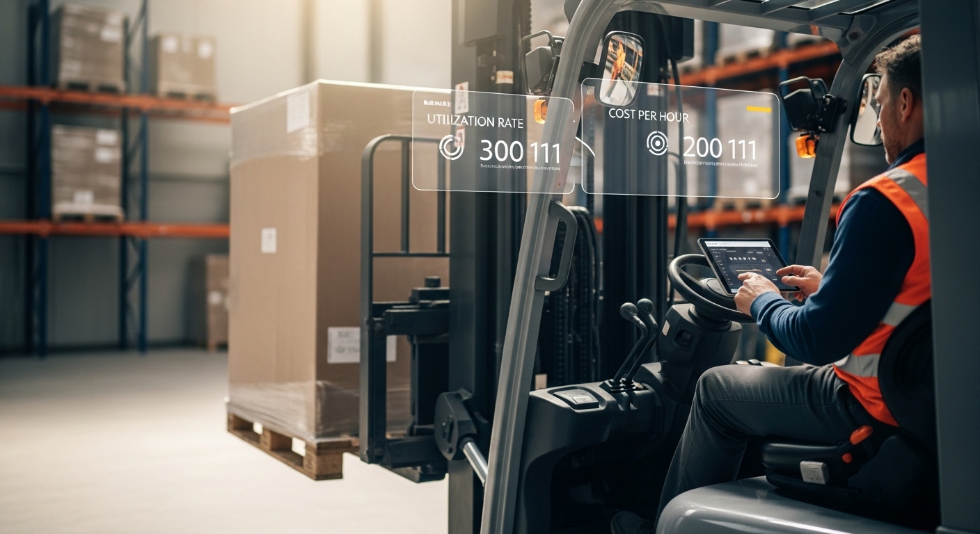 Empilhadeira em uso com tablet mostrando métricas de telemetria em um armazém iluminado