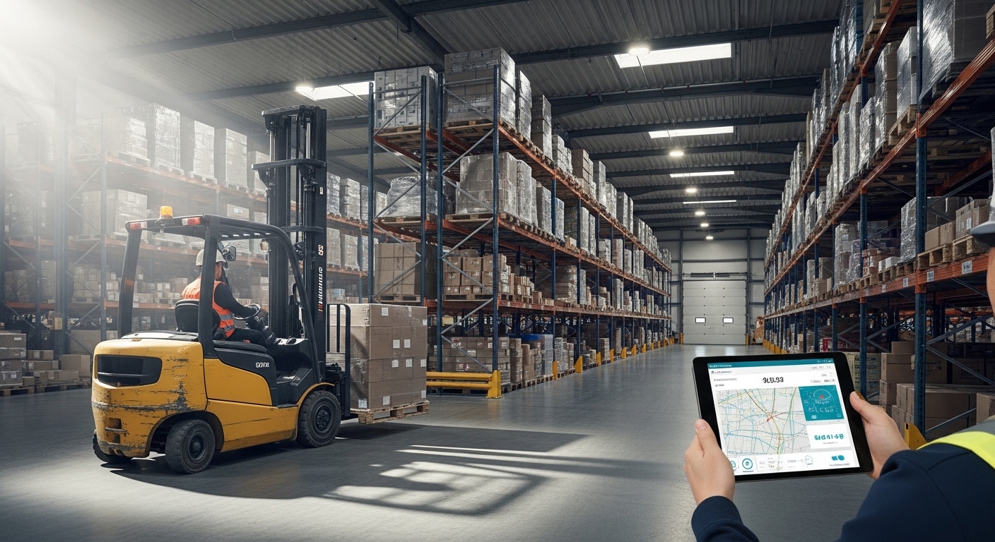 Empilhadeira alugada em operação em armazém com tablet de telemetria