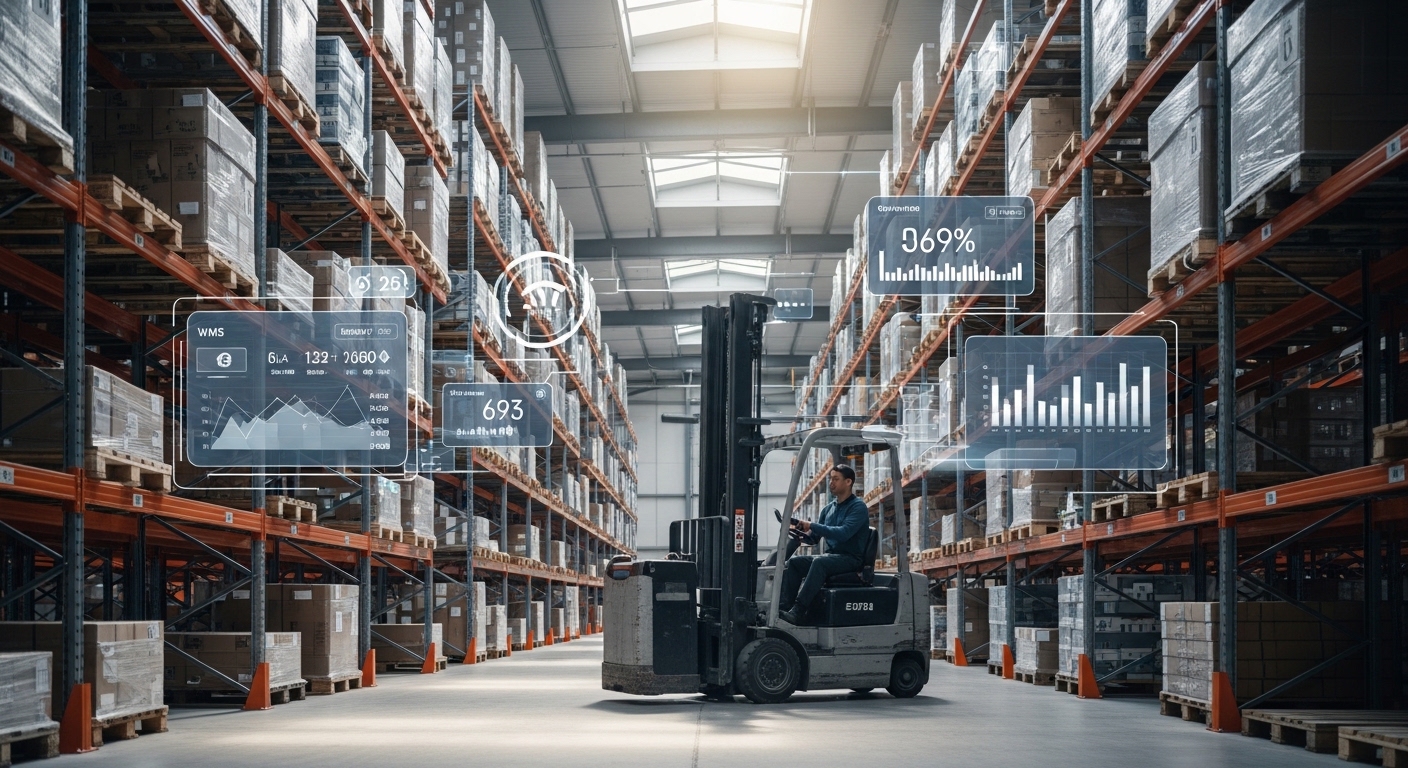 Empilhadeira alugada operando em armazém moderno com métricas digitais