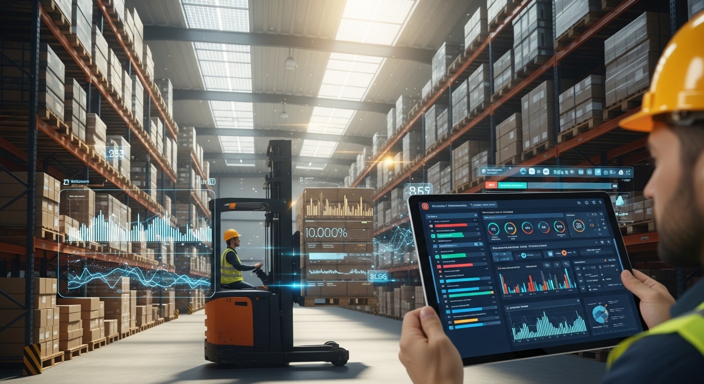 Interior de armazém inteligente com empilhadeira elétrica e telemetria