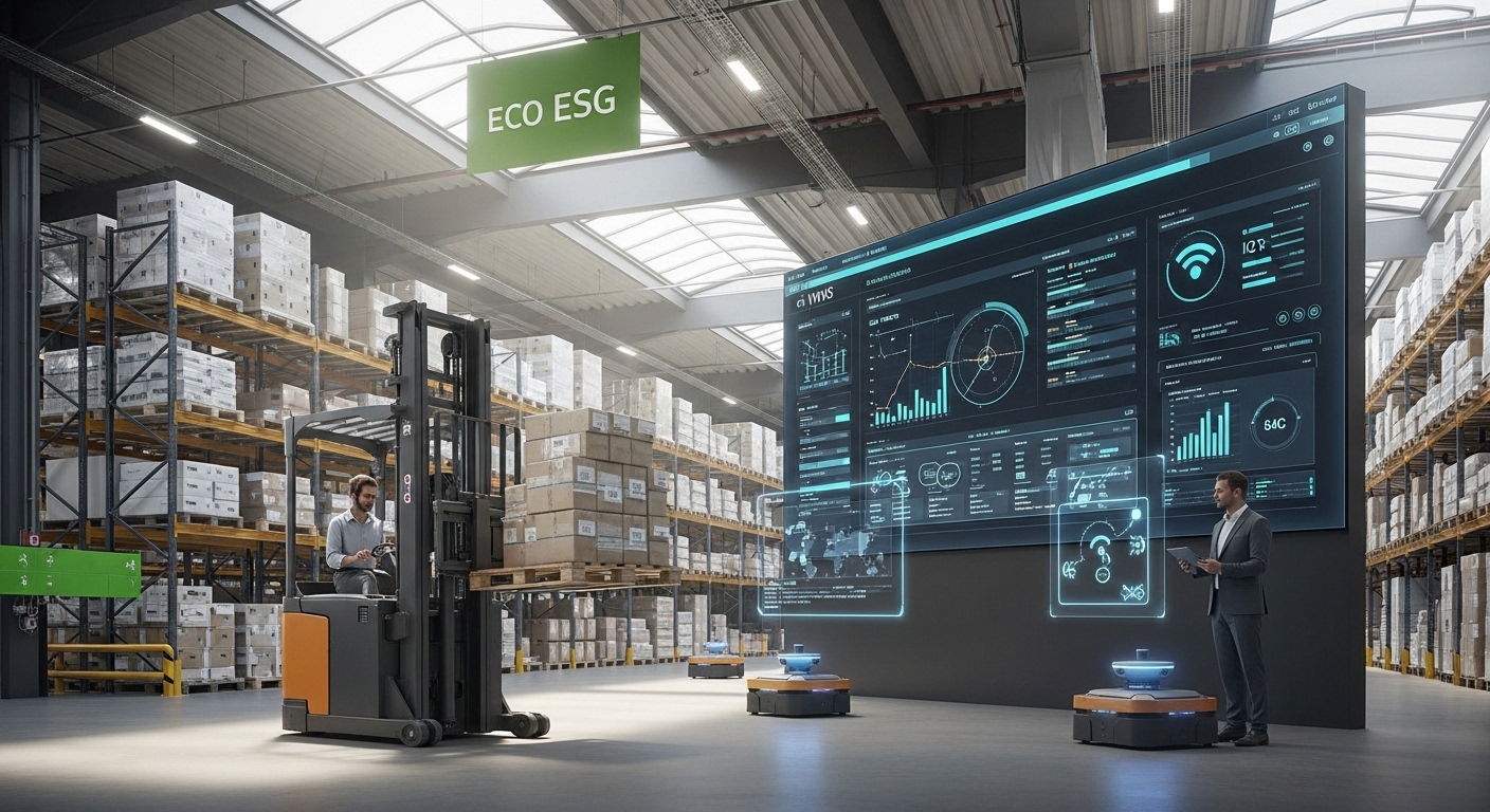 Empilhadeira elétrica e robôs AMR operando em armazém moderno com painéis digitais.