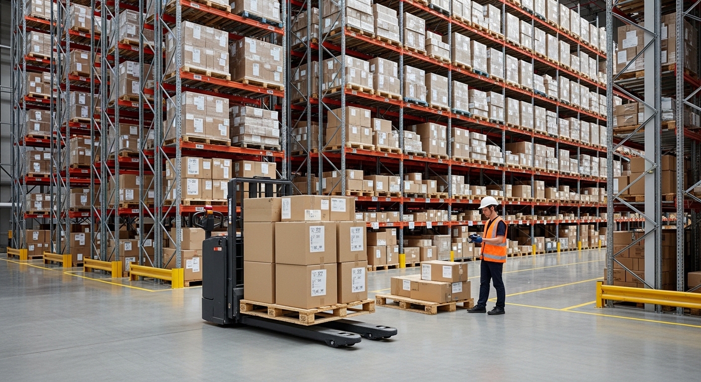 Transpaleta elétrica movimentando caixas em armazém automatizado