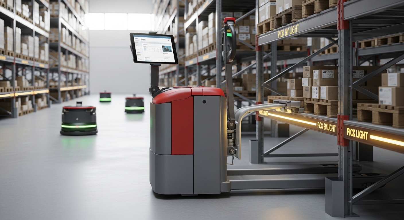 Armazém com transpaleta elétrica, pick-by-light e robôs AMR em operação