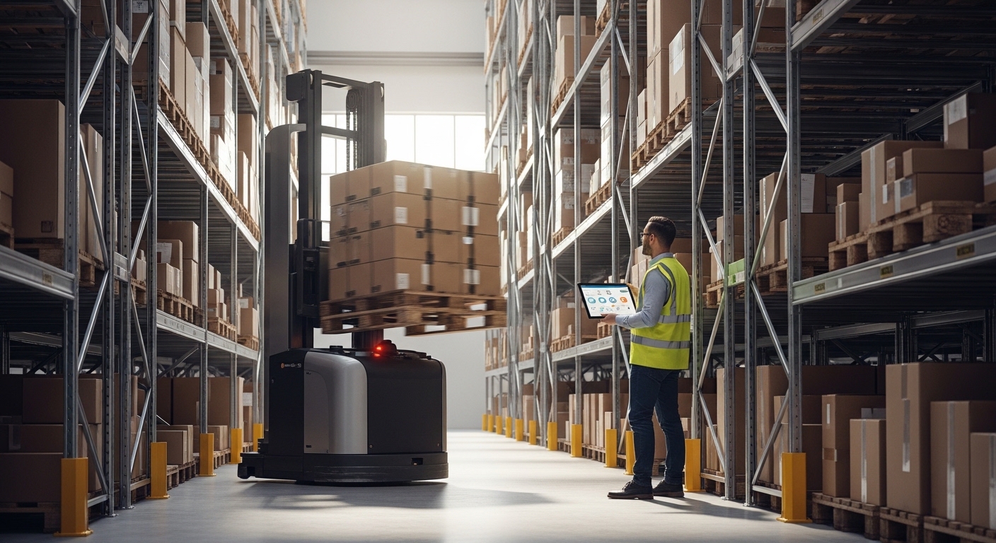 Empilhadeira autônoma movimentando pallets em armazém moderno