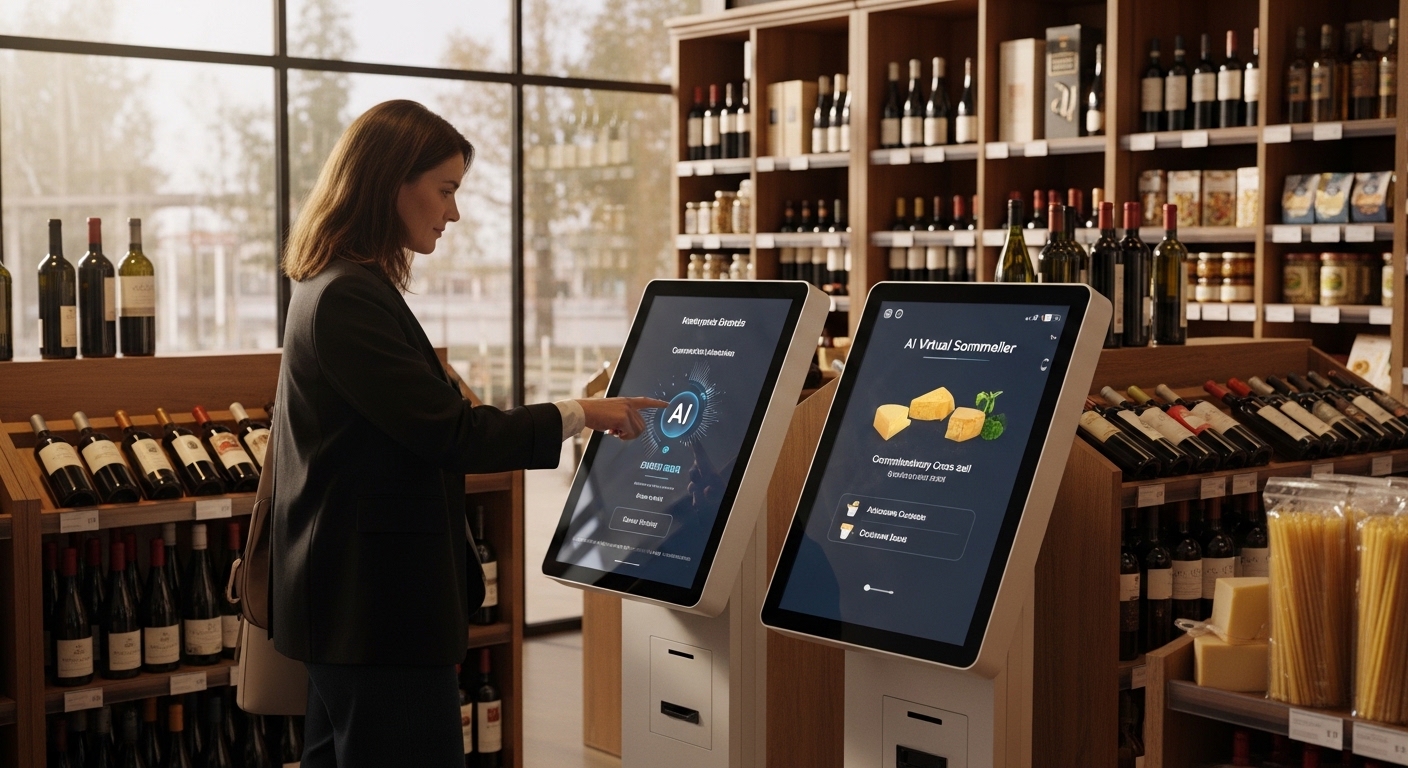 Cliente usando quiosque digital de sommelier virtual em loja de vinhos