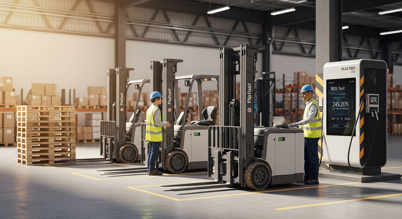 Empilhadeira elétrica carregando em pátio industrial sob luz natural