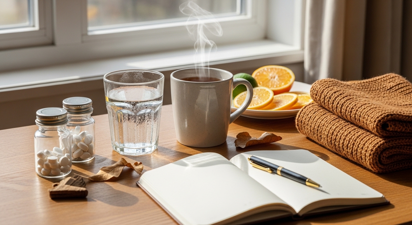 Itens de autocuidado em mesa de madeira com chá, frutas e diário