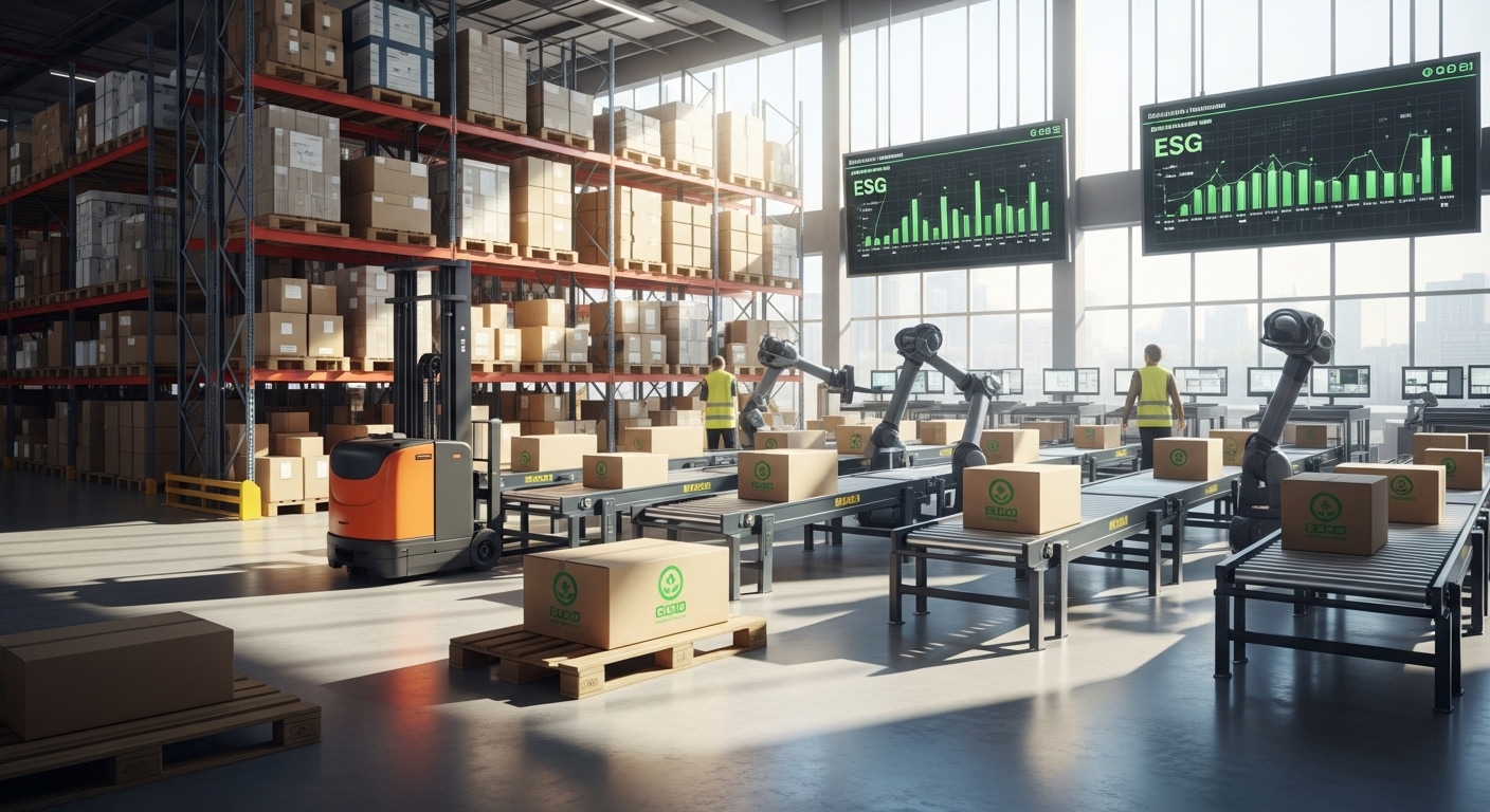 Empilhadeira elétrica e robôs automatizados em armazém sustentável