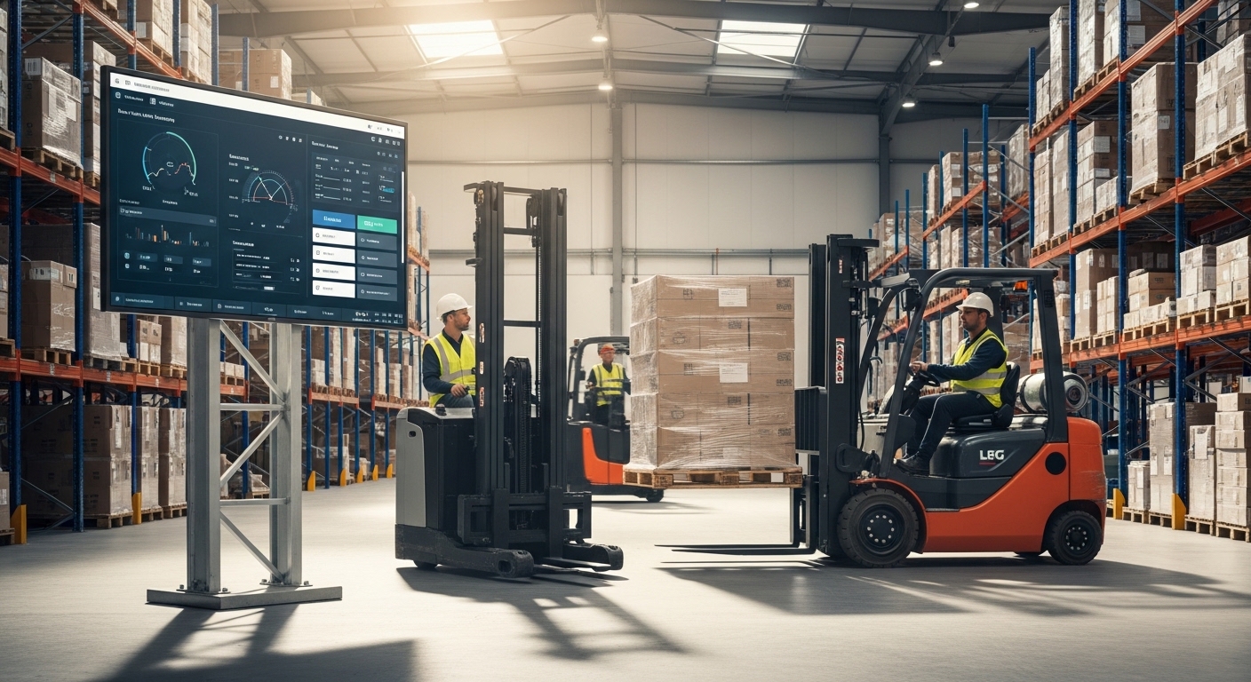 Empilhadeiras elétrica e GLP operando em galpão moderno com WMS e telemetria