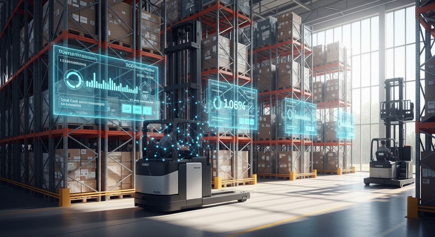 Empilhadeira elétrica conectada em armazém moderno