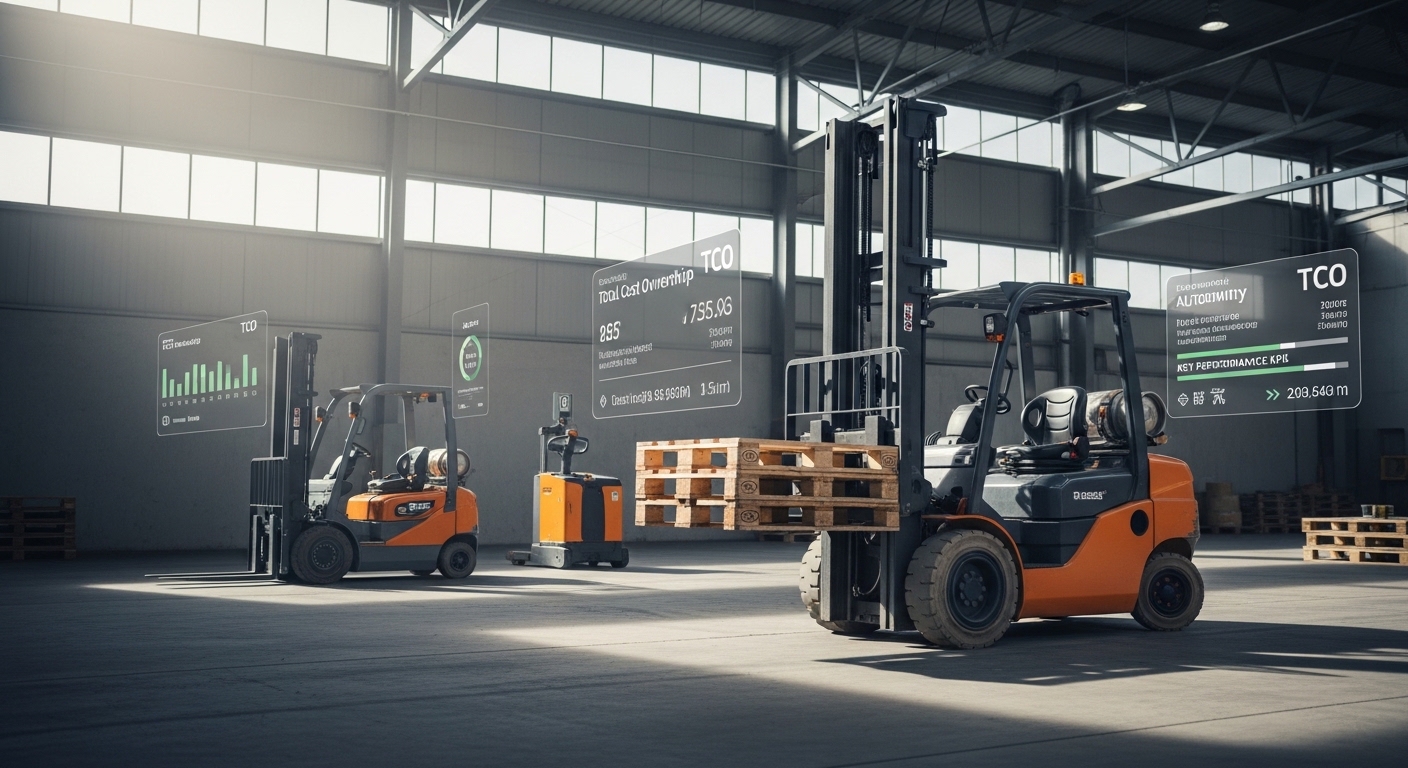 Interior de armazém moderno com empilhadeira a gás em operação e comparação com modelos elétricos e diesel
