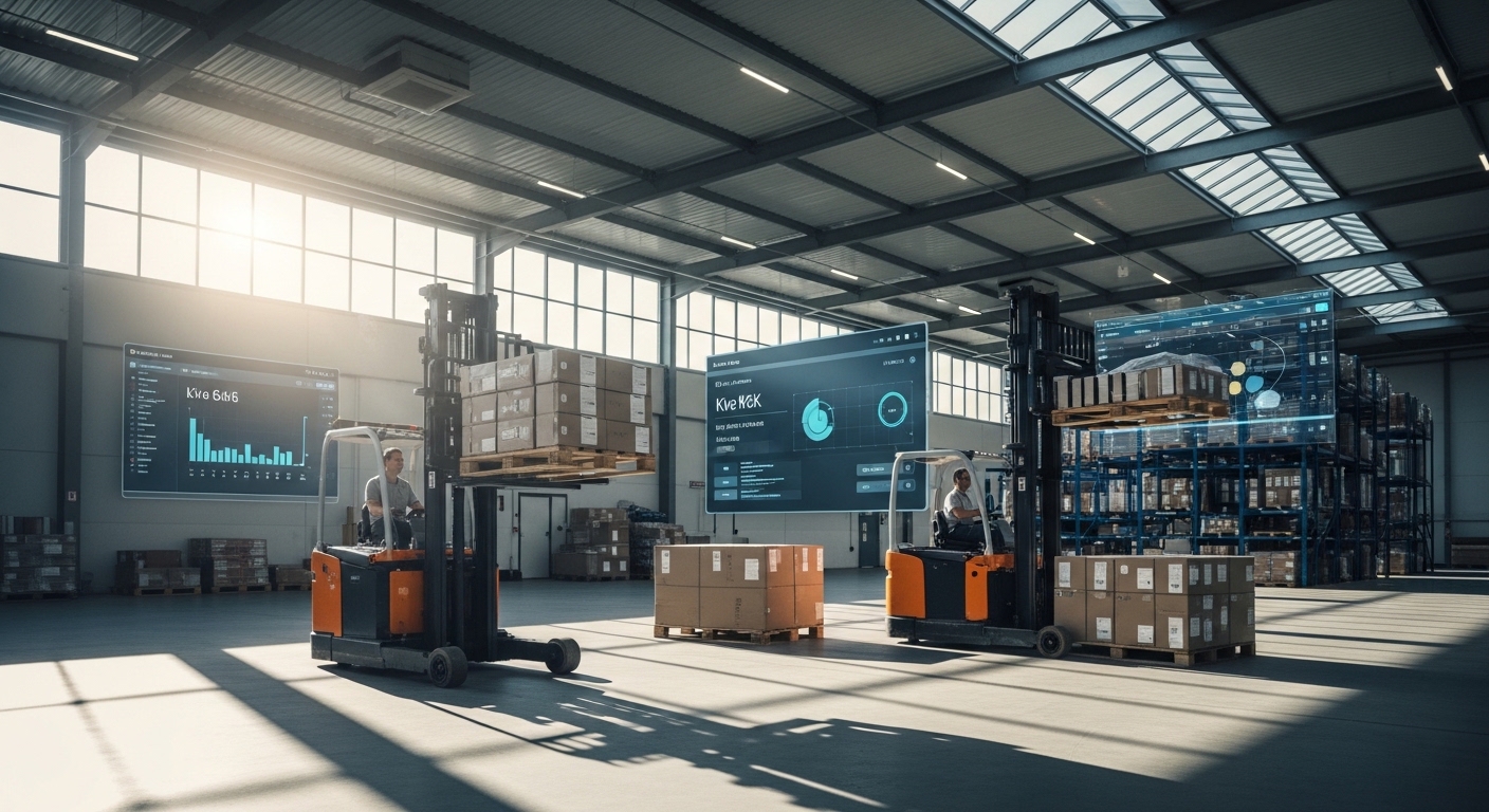Empilhadeiras elétricas conectadas em armazém moderno com painéis de dados