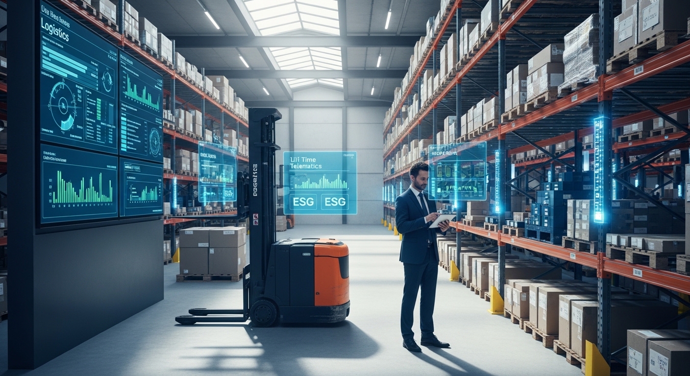 Empilhadeira elétrica em armazém inteligente com telas de dados