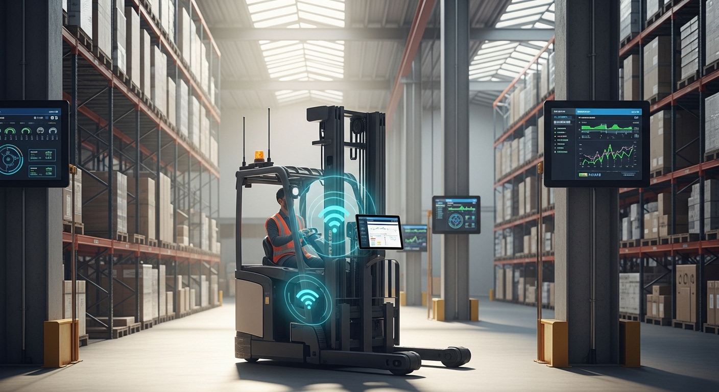 Empilhadeira elétrica conectada operando em armazém inteligente