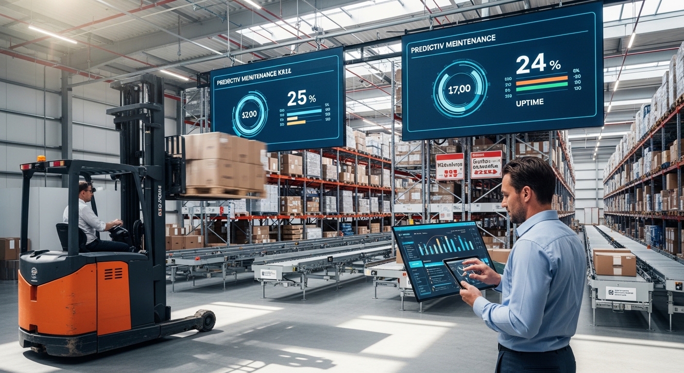 Empilhadeira automatizada em armazém inteligente com dashboard digital