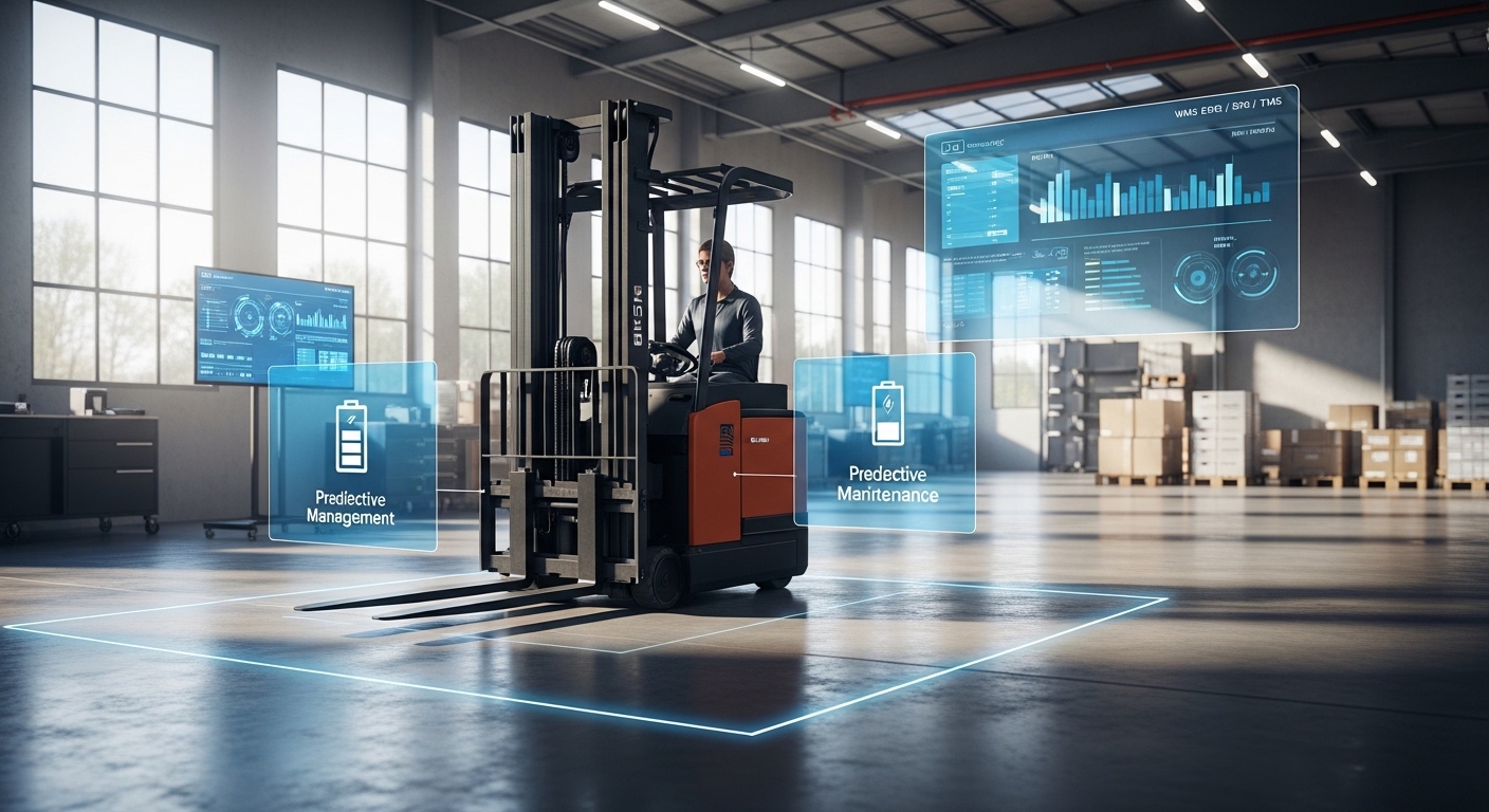 Empilhadeira com dados telemétricos em um armazém moderno
