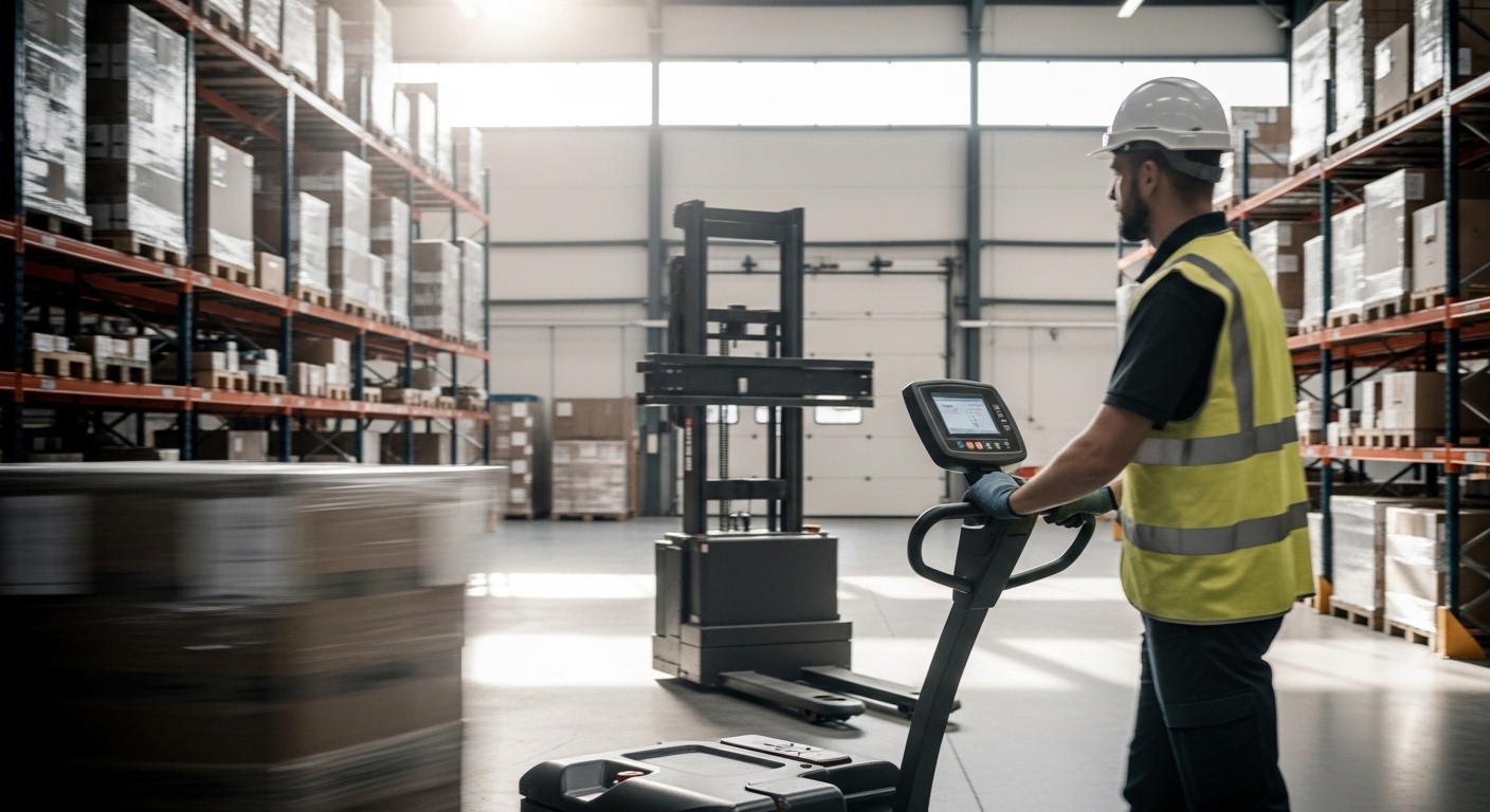 Operador manuseando transpaleta elétrica em armazém moderno
