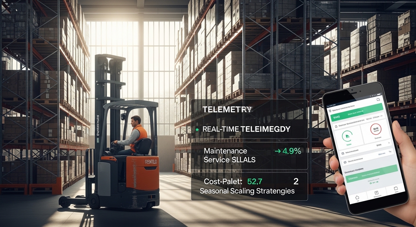 Empilhadeira locada em galpão logístico com painel de telemetria digital