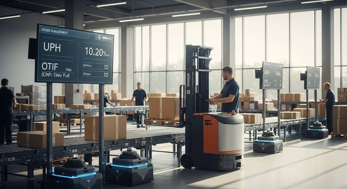 Armazém de e-commerce com empilhadeira elétrica e robôs móveis transportando pacotes