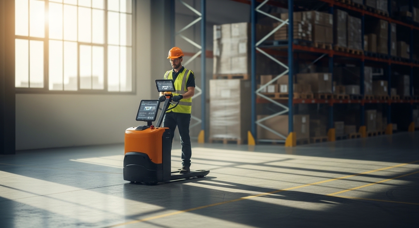 Operador movendo paletes com transpaleta elétrica em armazém moderno
