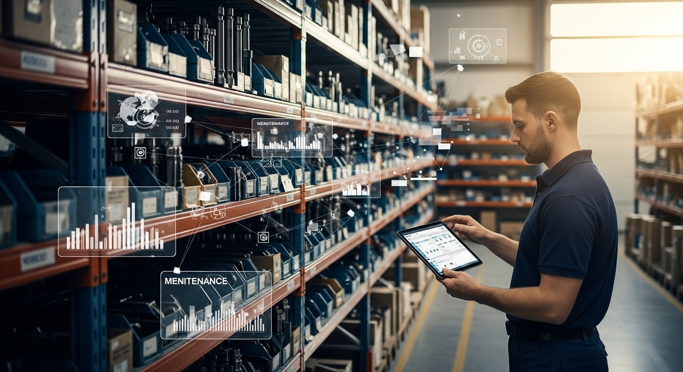 Técnico escaneando peças de empilhadeira em estoque automatizado