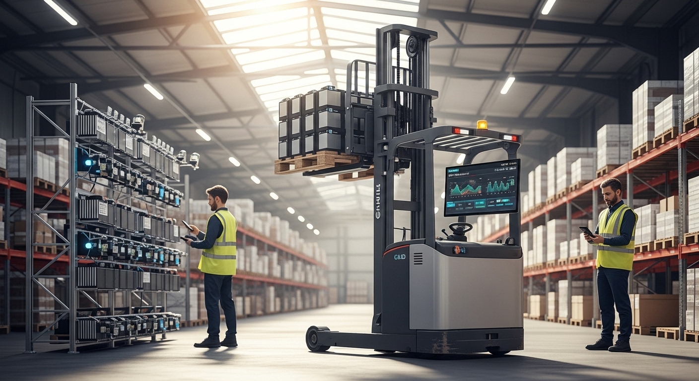Empilhadeira elétrica movimentando pallets em armazém moderno com sensores de IoT