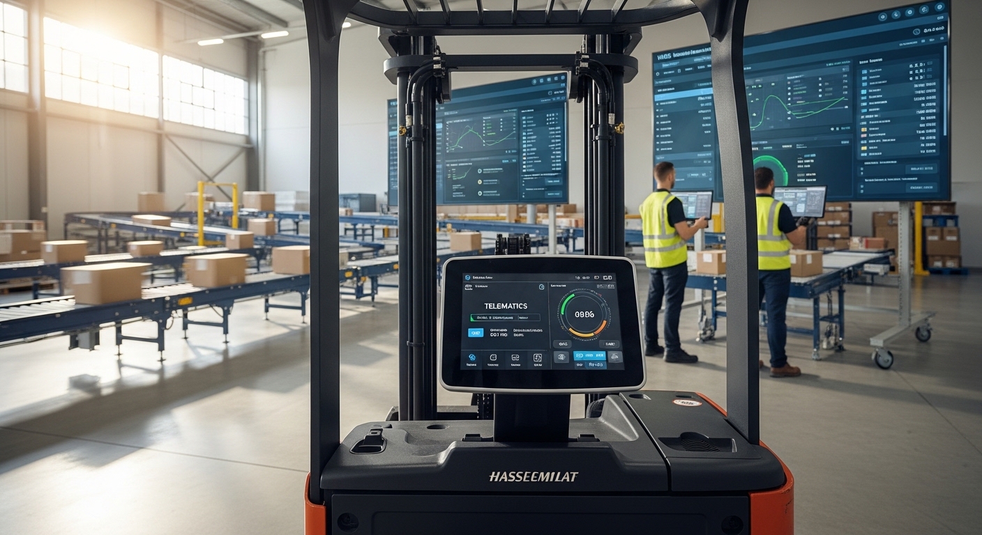 Empilhadeira elétrica conectada em armazém com telemetria e painéis digitais