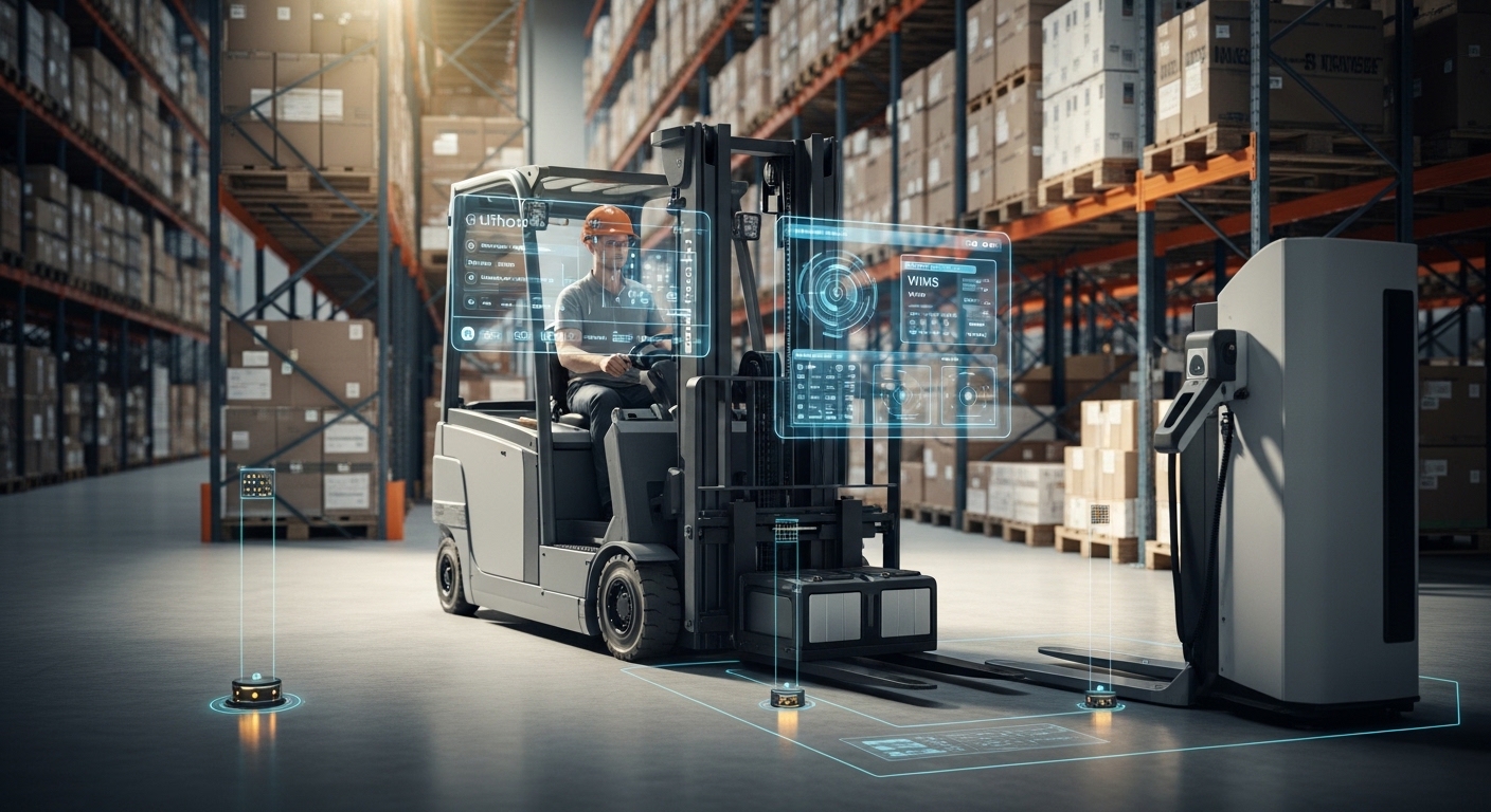 Empilhadeira elétrica moderna em armazém com sensores e estação de carregamento