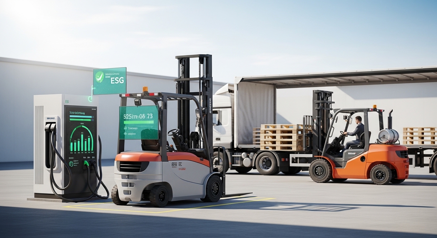 Empilhadeiras elétrica e a combustão em pátio de armazém com tela de métricas