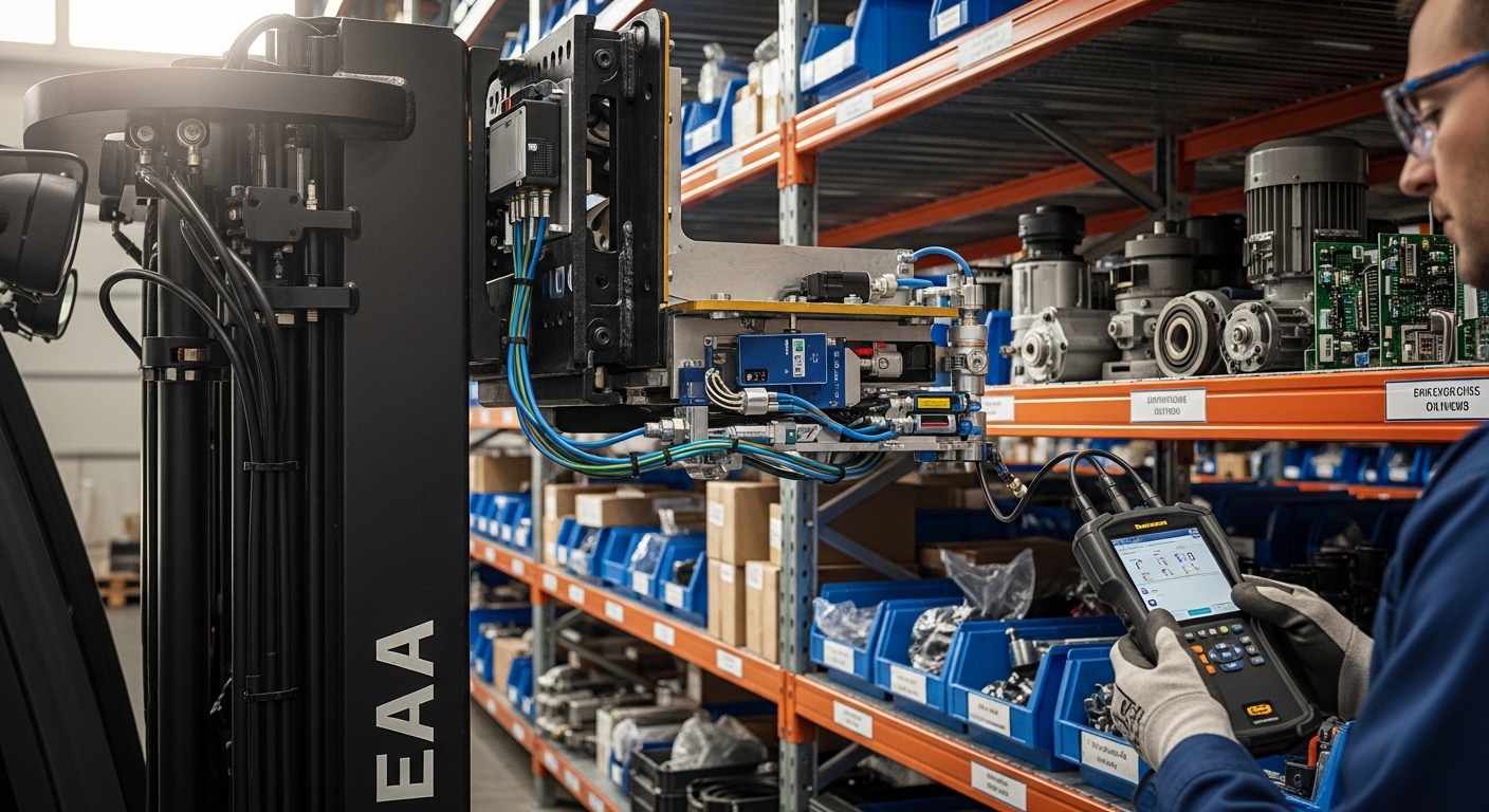 Empilhadeira com sensores de manutenção preditiva em depósito logístico