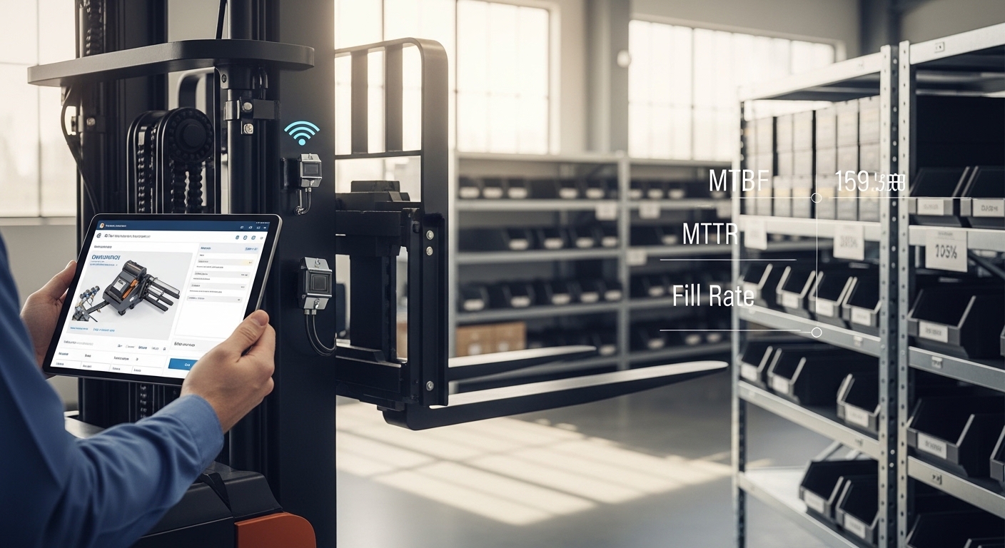 Técnico em galpão consultando catálogo digital de peças de empilhadeira