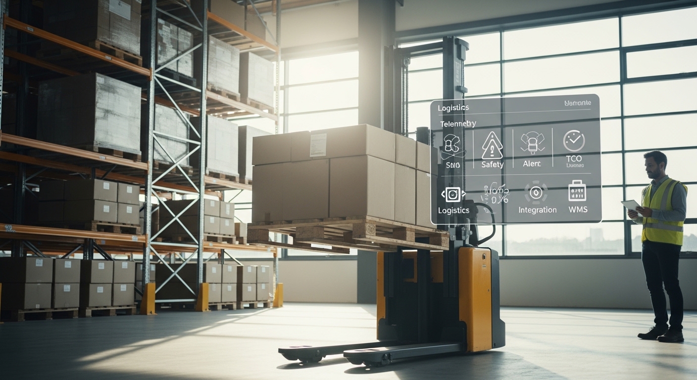 Transpaleta elétrica em armazém automatizado exibindo dados de telemetria