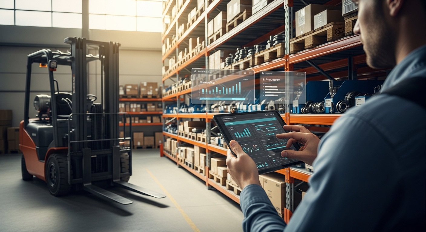 Empilhadeira em depósito com gestor analisando dados de telemetria e peças de reposição