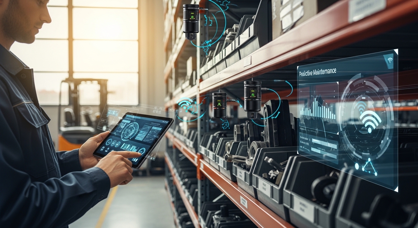Técnico inspecionando peças de empilhadeira no depósito com tablet e sensores IoT