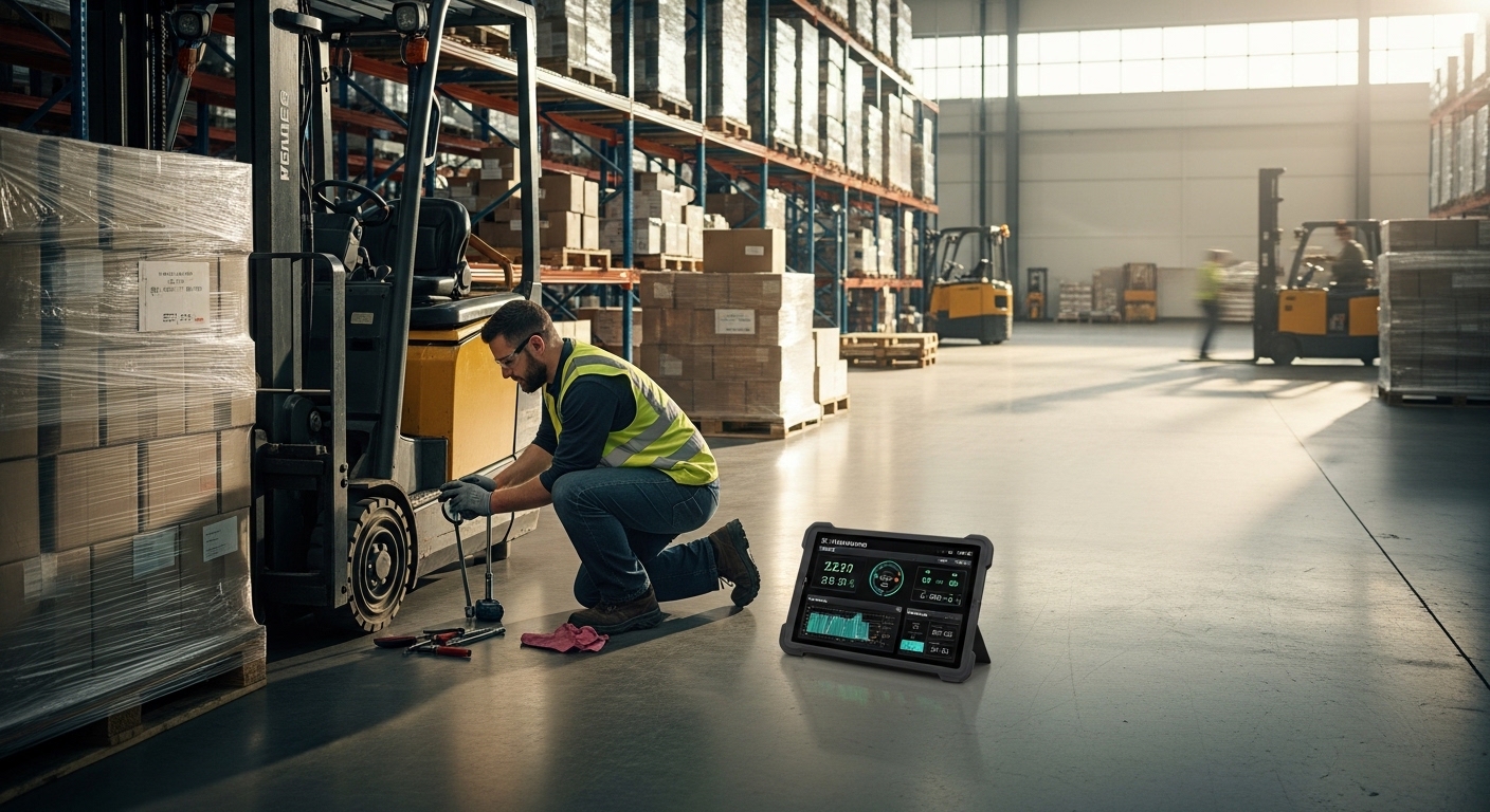 Técnico realiza manutenção preventiva em empilhadeira em centro de distribuição