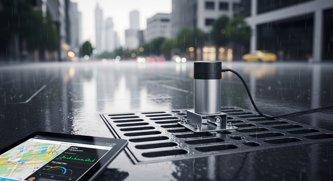 Sensor IoT medindo fluxo em bueiro urbano após chuva