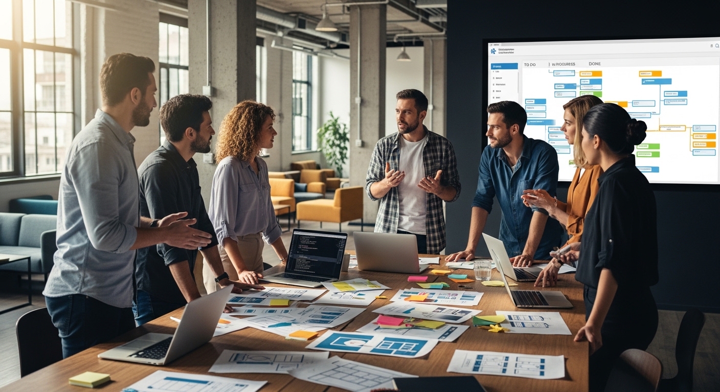 Reunião diária de equipe ágil em escritório moderno com quadro Kanban