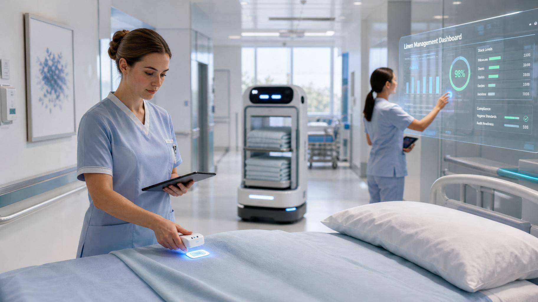 Enfermeira escaneando lençóis hospitalares com tablet em ambiente automatizado