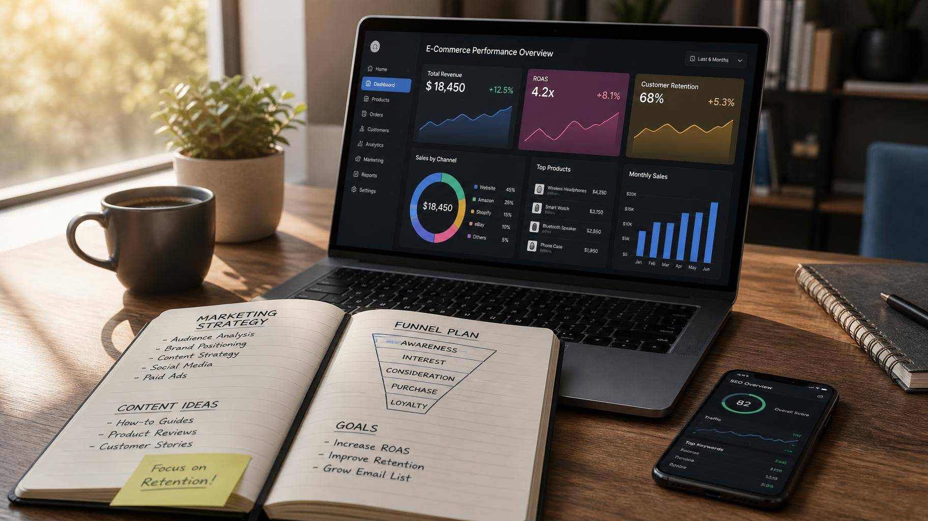 Equipe de e-commerce analisando métricas de receita e margem no computador