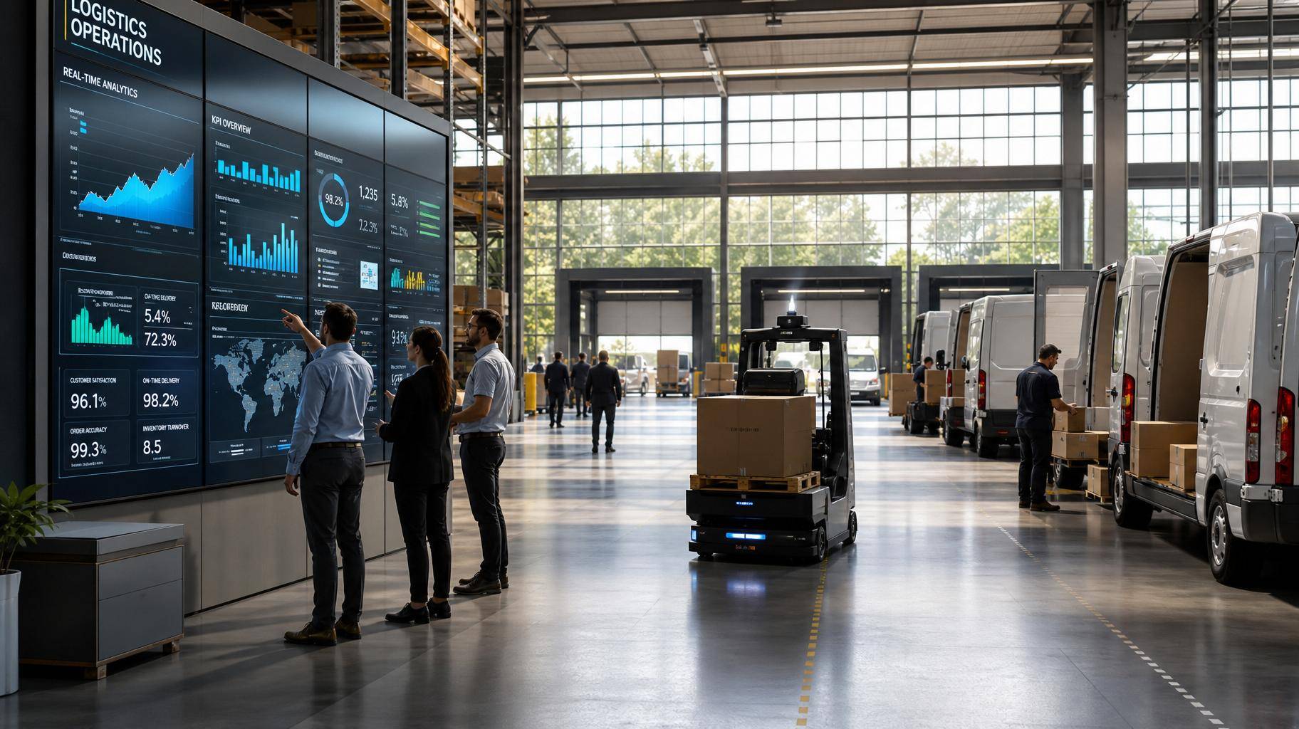 Centro de operações logísticas com painéis de dados e veículos em carregamento