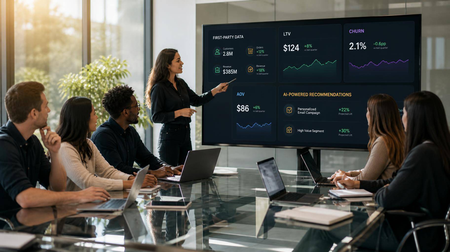 Equipe de e-commerce em reunião analisando dashboards de dados próprios