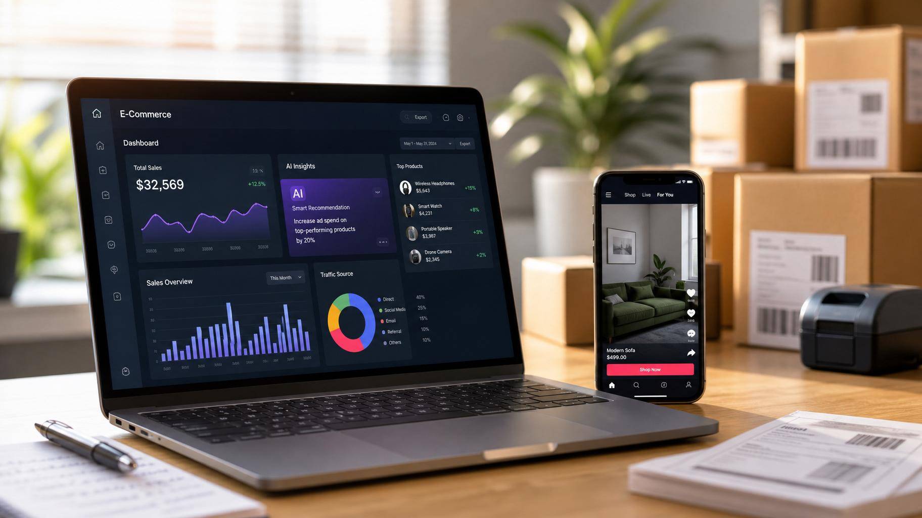 Ambiente de trabalho com laptop exibindo dashboards de e-commerce e caixas de logística